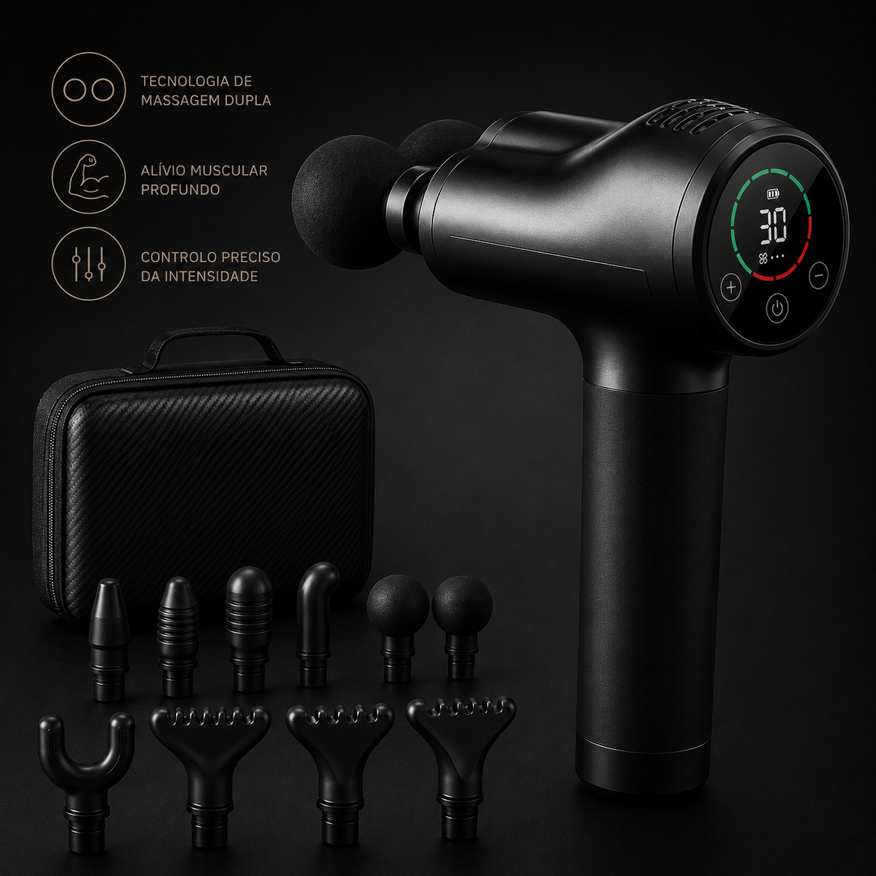 Pistola de Massagem Profissional Dual Pro | Cabeça Dupla, Recuperação Muscular Premium
