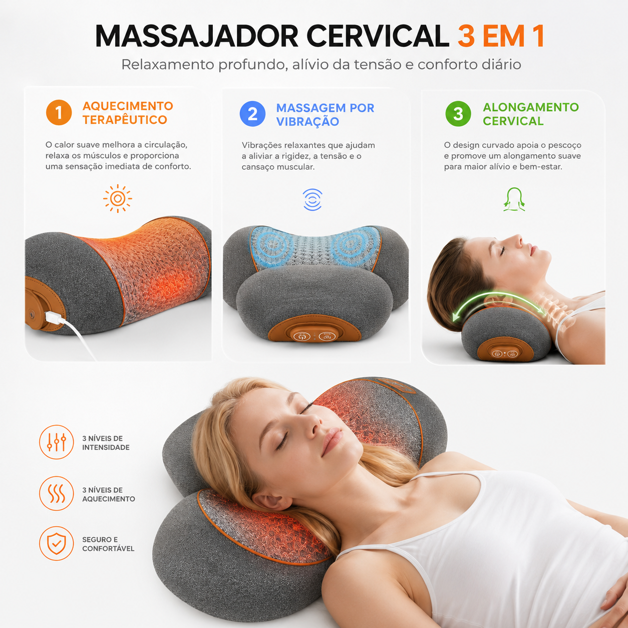 Massajador Cervical 3 em 1 com Aquecimento e Alongamento Cervical