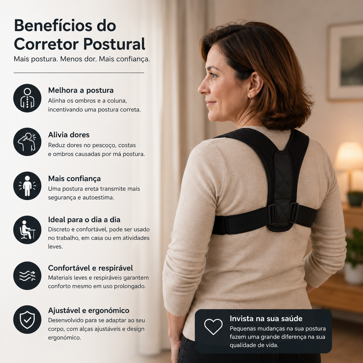 Corretor Postural Ortopédico PRO | Ajustável, Invisível e Acolchoado