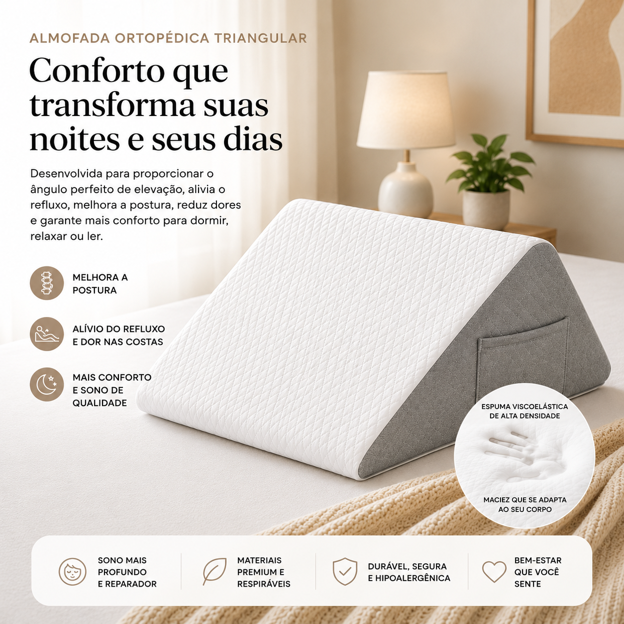 Almofada Ortopédica Multifuncional em Cunha – Suporte Lombar, Pernas e Joelhos