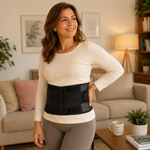 Mulher a usar a cinta lombar Comfort Pro sobre a roupa em casa