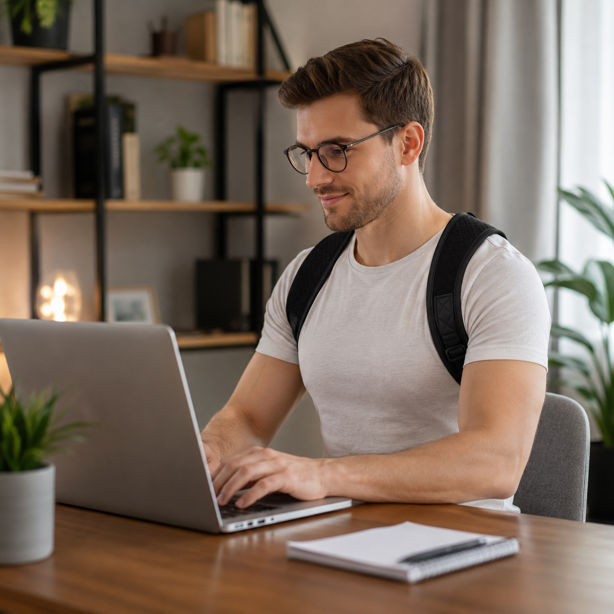 Homem a trabalhar ao portátil com o corretor postural ortopédico PRO