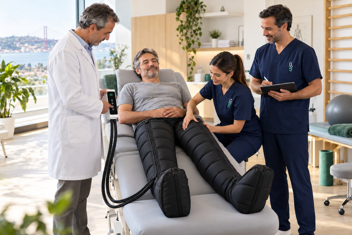 Especialistas FisioLusa a acompanhar um paciente com as botas de pressoterapia