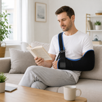 Homem a ler no sofá com o braço no imobilizador ortopédico