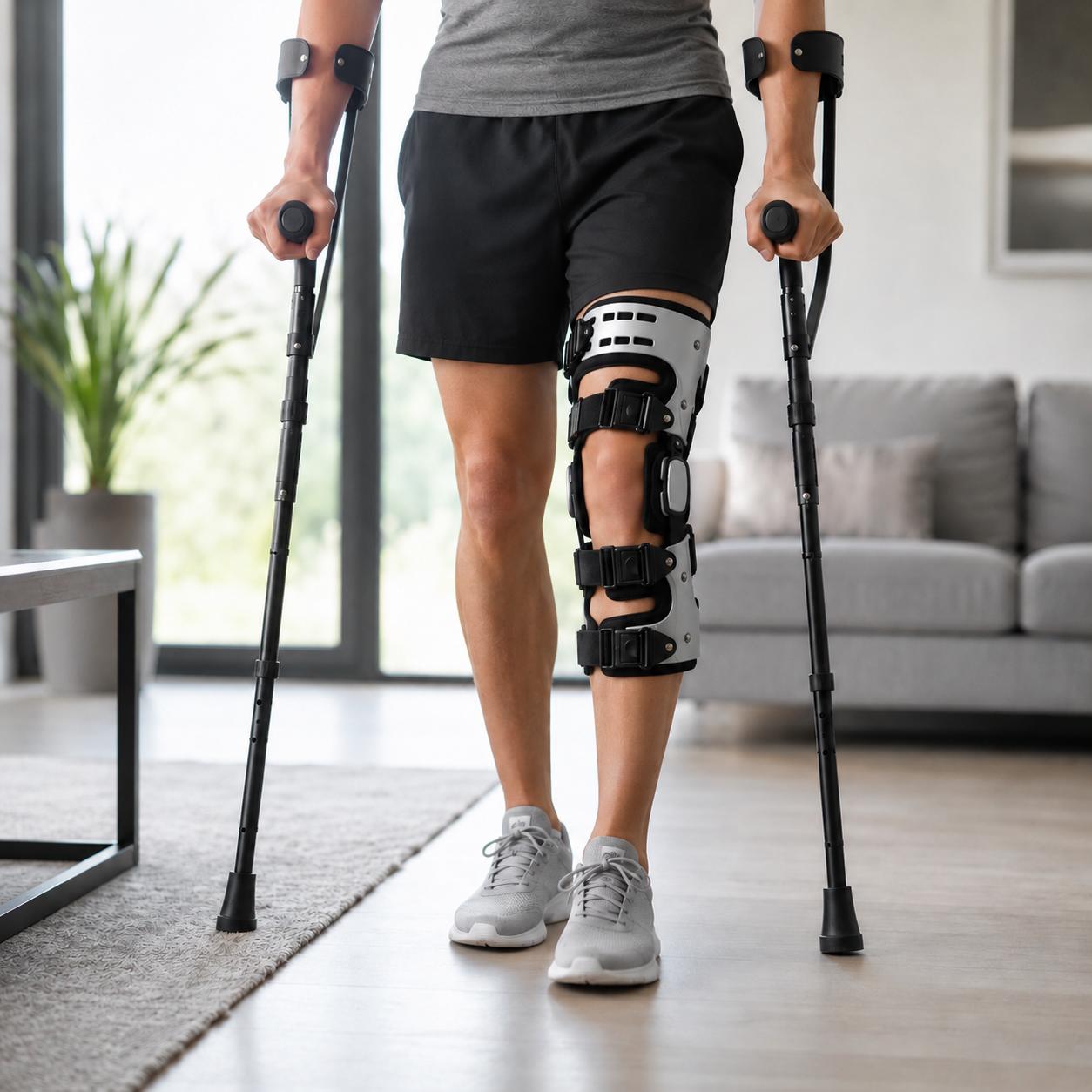 Homem com canadianas a usar a joelheira ortopédica articulada PRO na recuperação