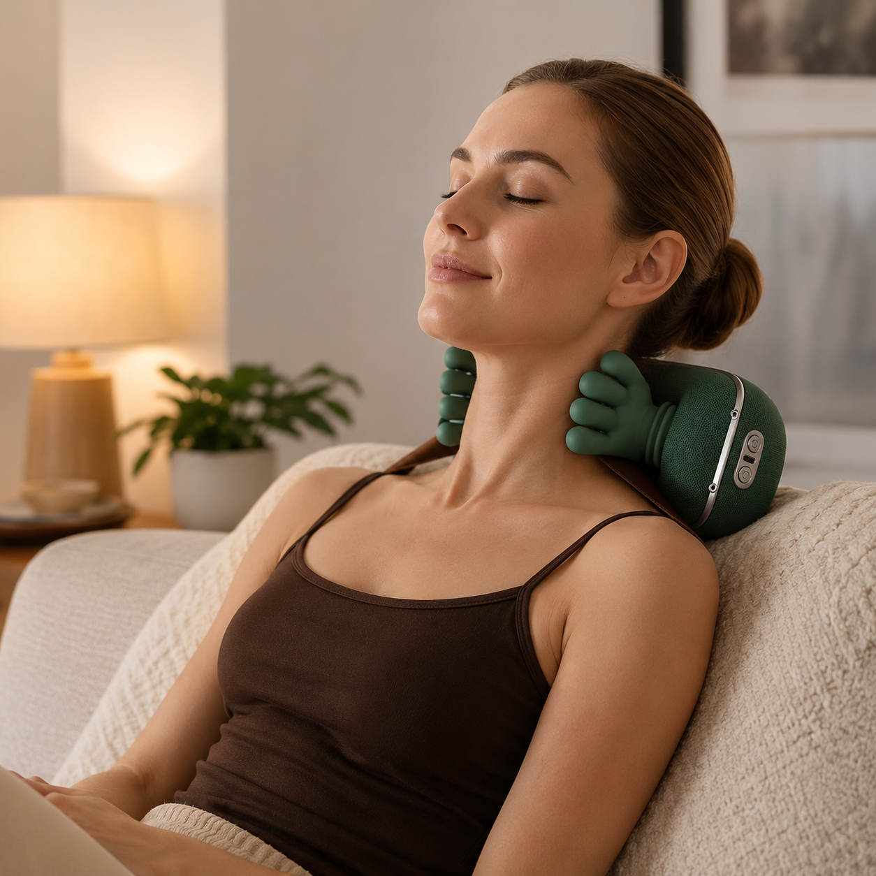 Mulher a relaxar no sofá com o massajador cervical Relax Pro 5D