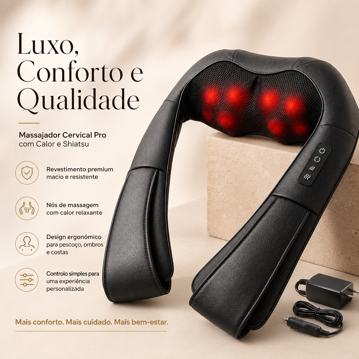 Massajador cervical Pro com calor e shiatsu: revestimento premium e design ergonómico