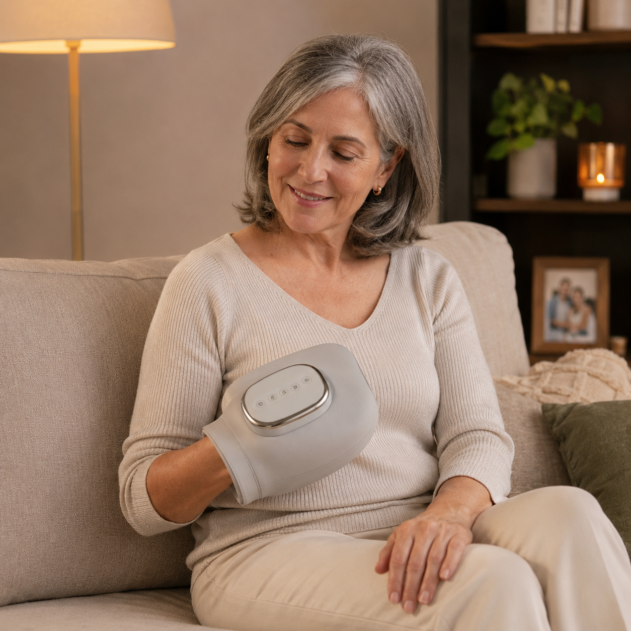 Mulher sénior no sofá a usar o massajador de mãos Comfort Heat Pro