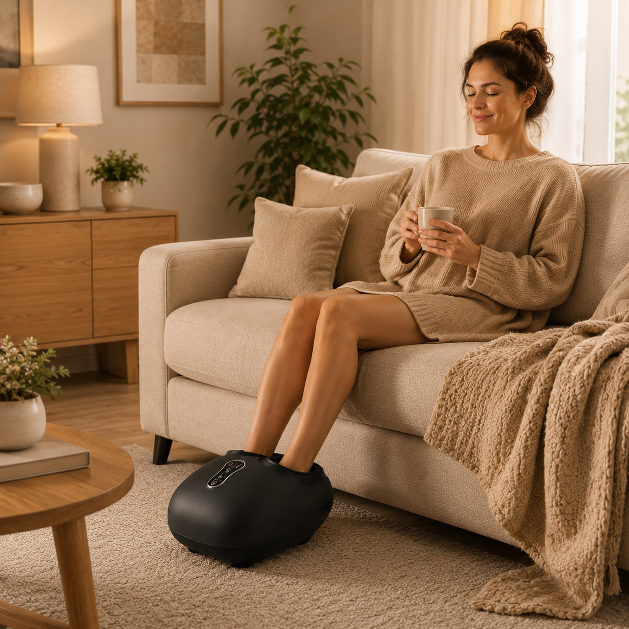 Mulher no sofá a usar o massajador de pés RelaxFeet Pro