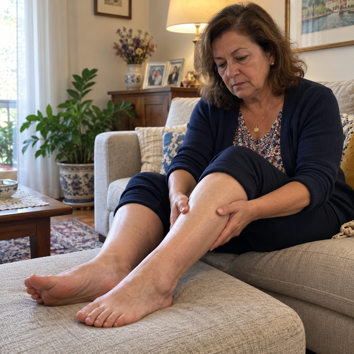 Mulher sentada no sofá com as pernas pesadas e cansadas ao fim do dia