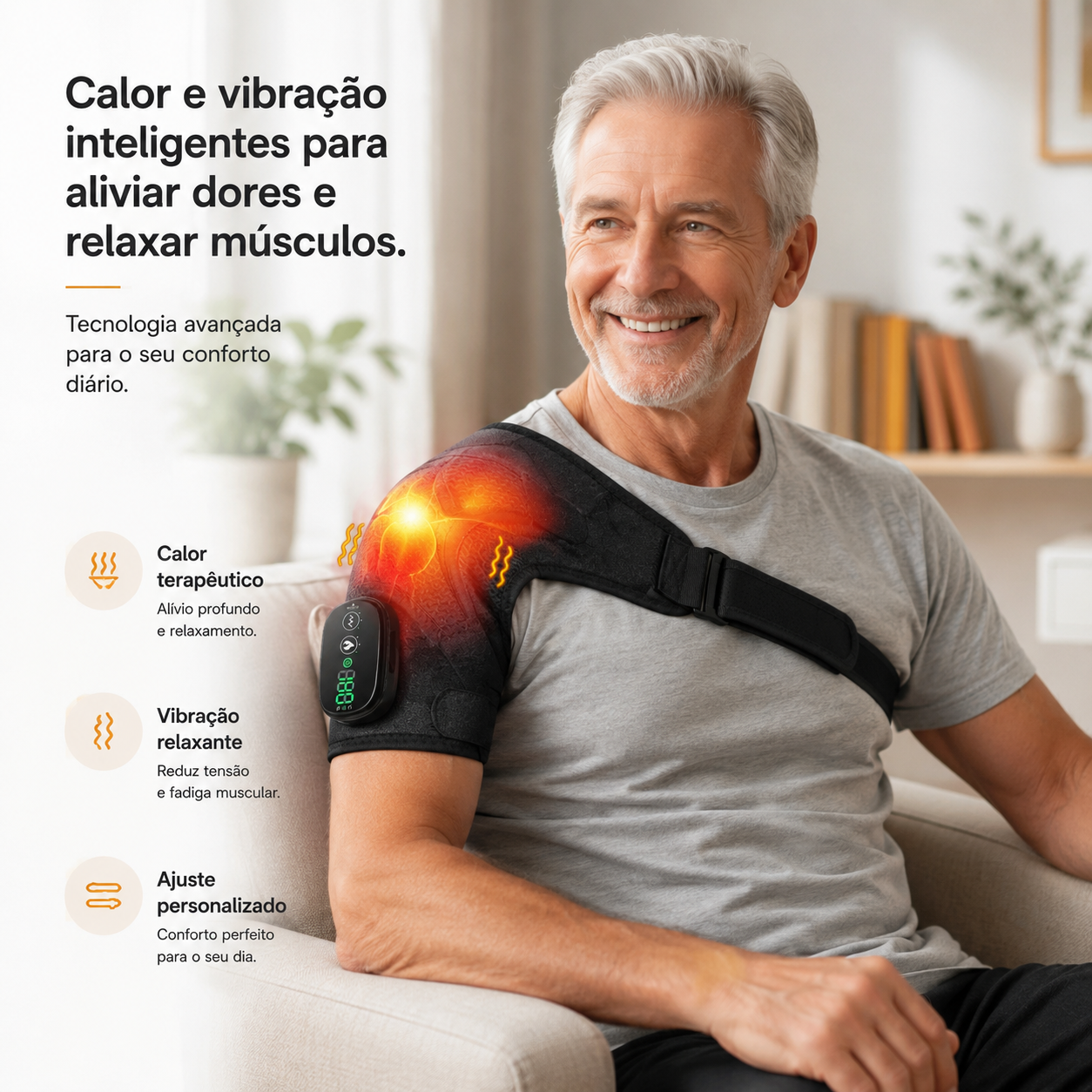 Homem sénior a usar a ombreira HeatRelief PRO com calor e vibração