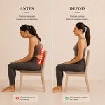 Antes e depois do suporte lombar SpineRelief Pro: postura sentada corrigida