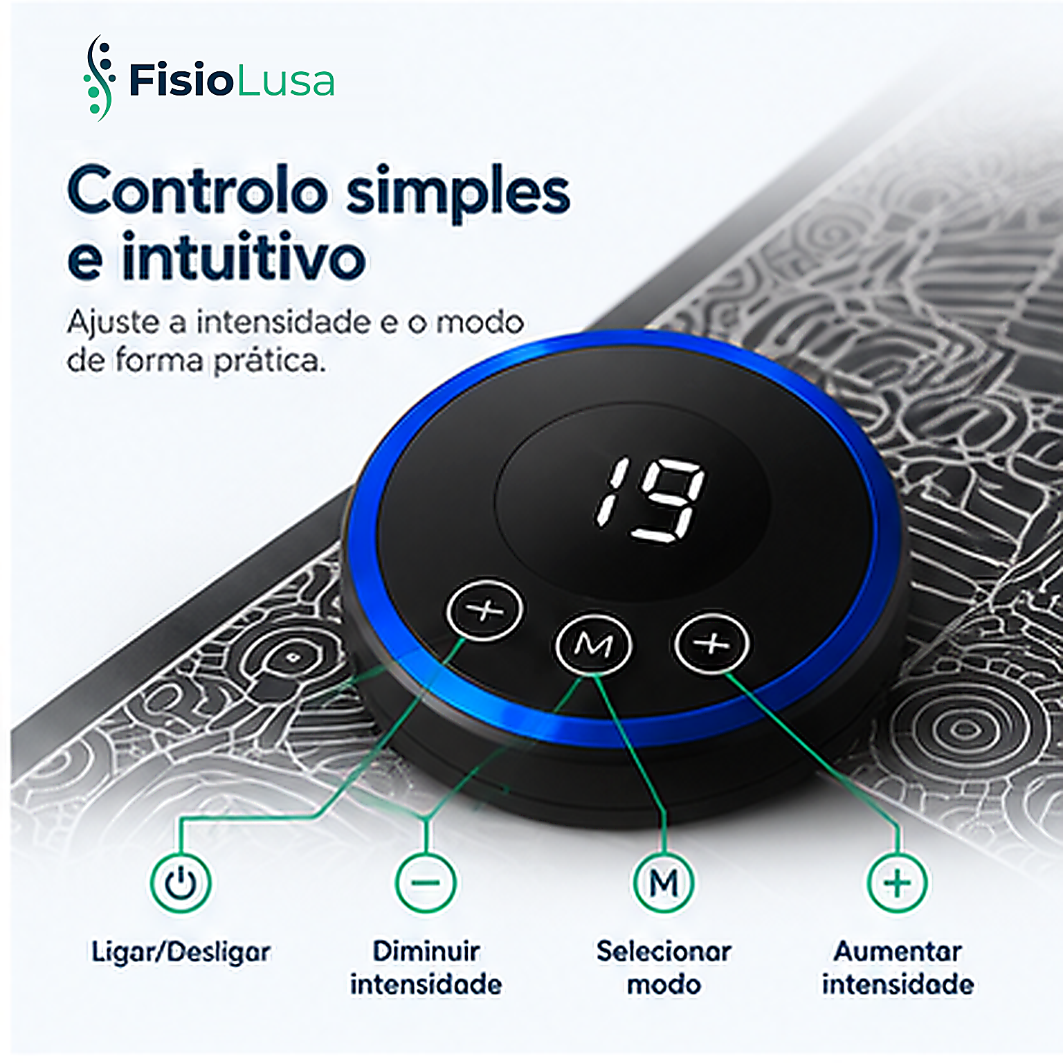 Unidade de controlo do tapete EMS com botões de ligar, modo e intensidade