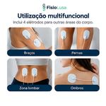Elétrodos do tapete EMS aplicados nos braços, pernas, zona lombar e ombros