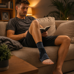 Homem a ler no sofá com a tornozeleira StabilityWrap PRO